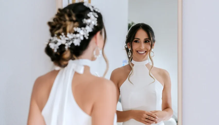 Bride in wedding dress looking in mirror