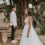 Bride in a wedding dress outdoors