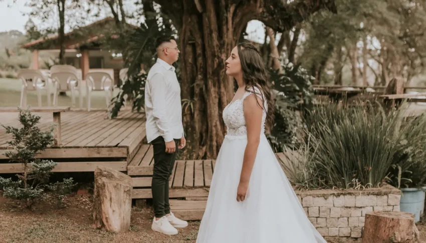 Bride in a wedding dress outdoors