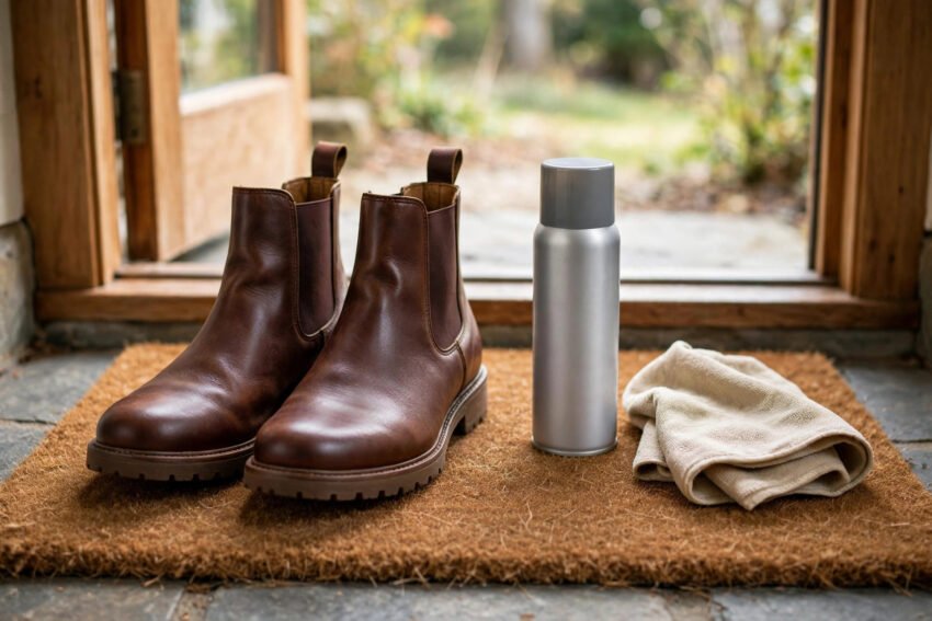 Leather boots being waterproofed for UK rain with spray and cloth